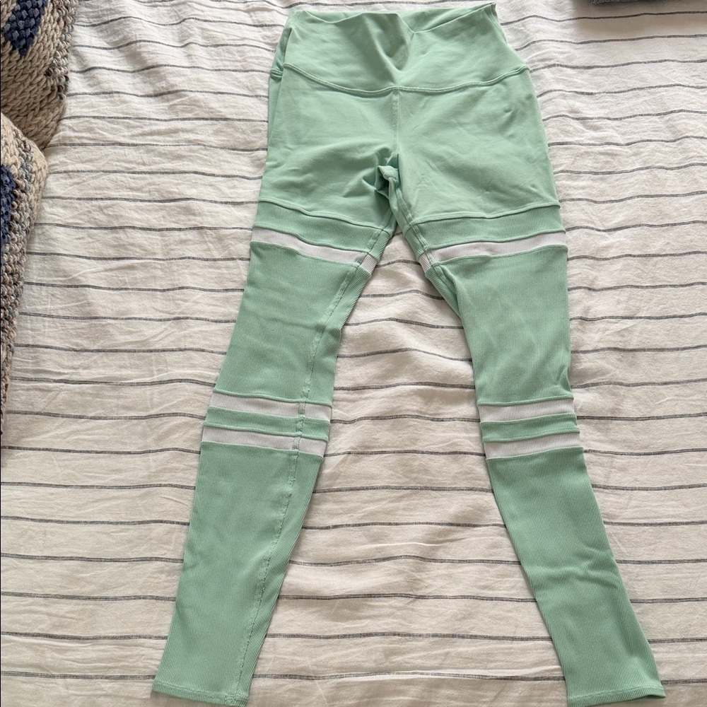 ALO Yoga Mint Green Leggings with White Stripe Detail